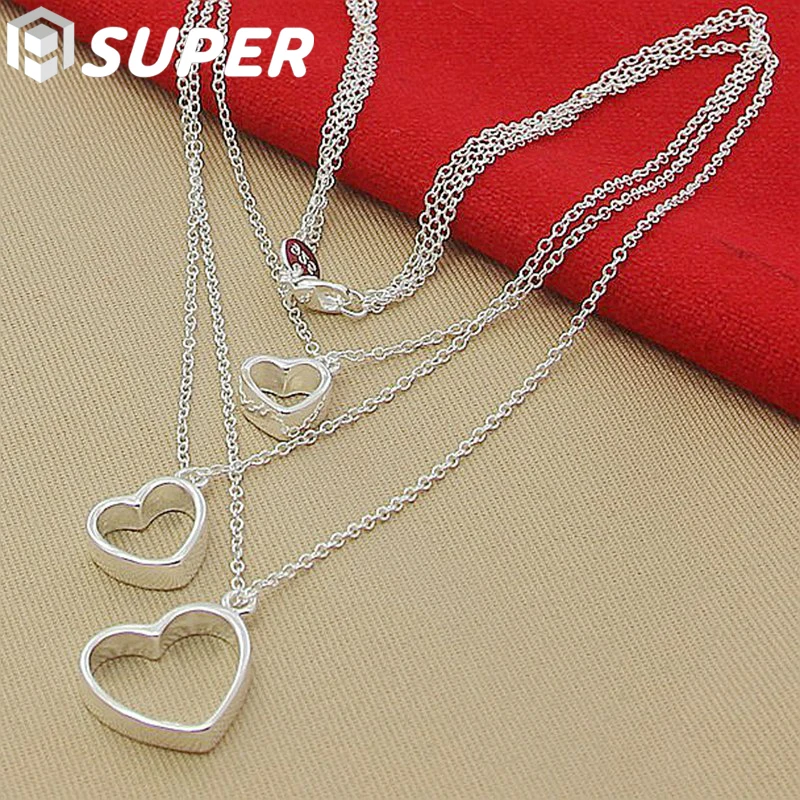 

925 Sterling Silver Three Heart Chain Pendant Necklace For Women Wedding Engagement Fashion Jewelry Christmas Gifts