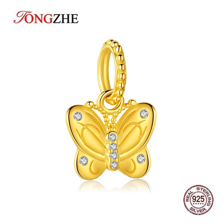 TONGZHE Real 925 Sterling Silver Butterfly Charms CZ Cute Animal Fit Bracelet Necklace For Jewelry Making Gold Charms