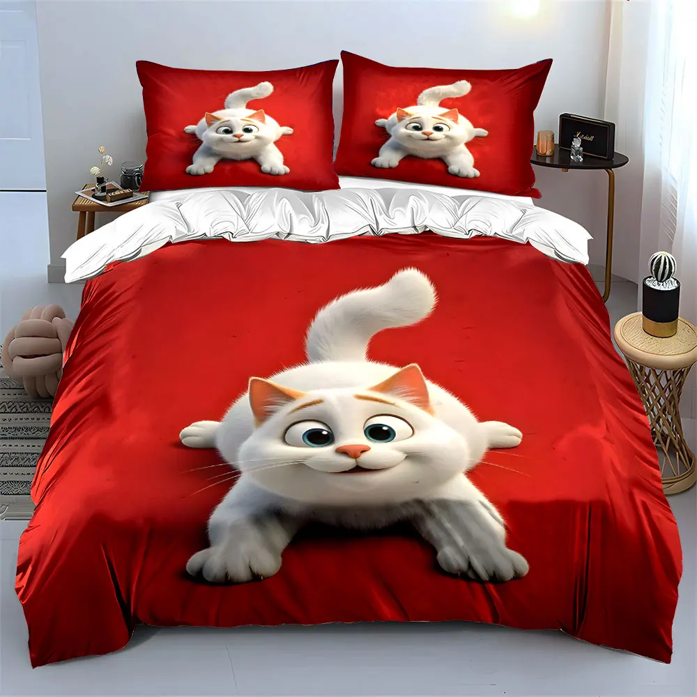 Playful white cat smiling on ground Duvet Cover Set with 3D Printing Design Soft Polyester Bedding Set All-Season Comfort
