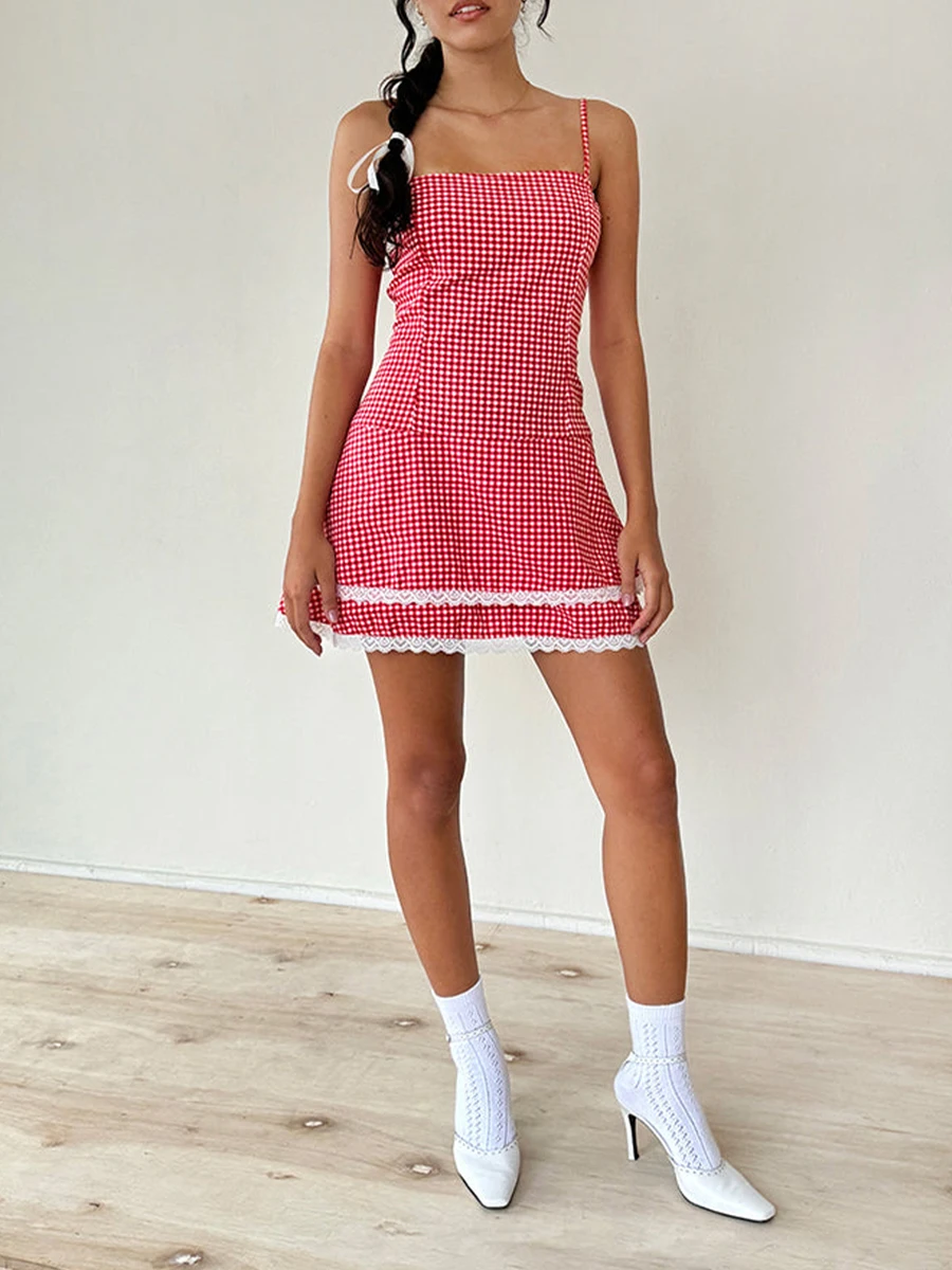 Ärmelloses kariertes Mini kleid für Damen mit Spitzen besatz und Spaghetti träger mit offenem Rücken und Sommer-Cami-Kleid