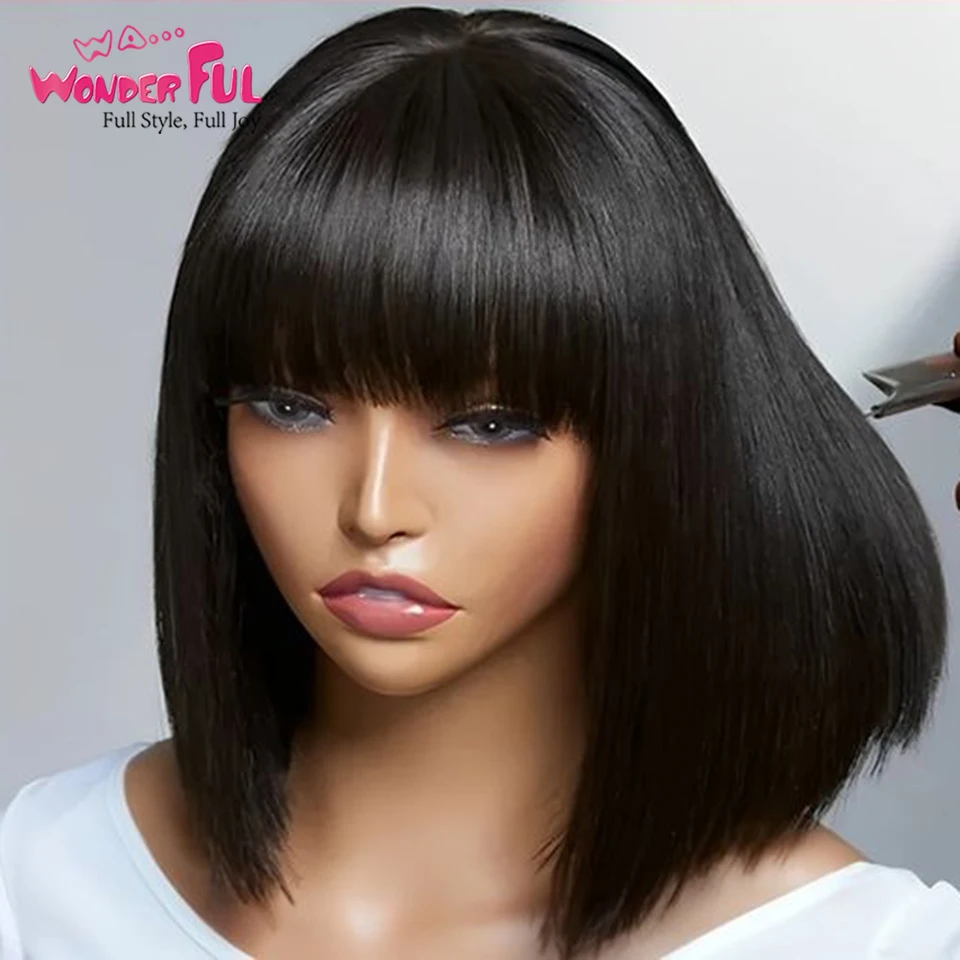 Brazilian Remy Hair Natural Short Straight Bob With Bangs 100% Human Hair Wigs For Black Women 180%D  Full Machine Made Wigs