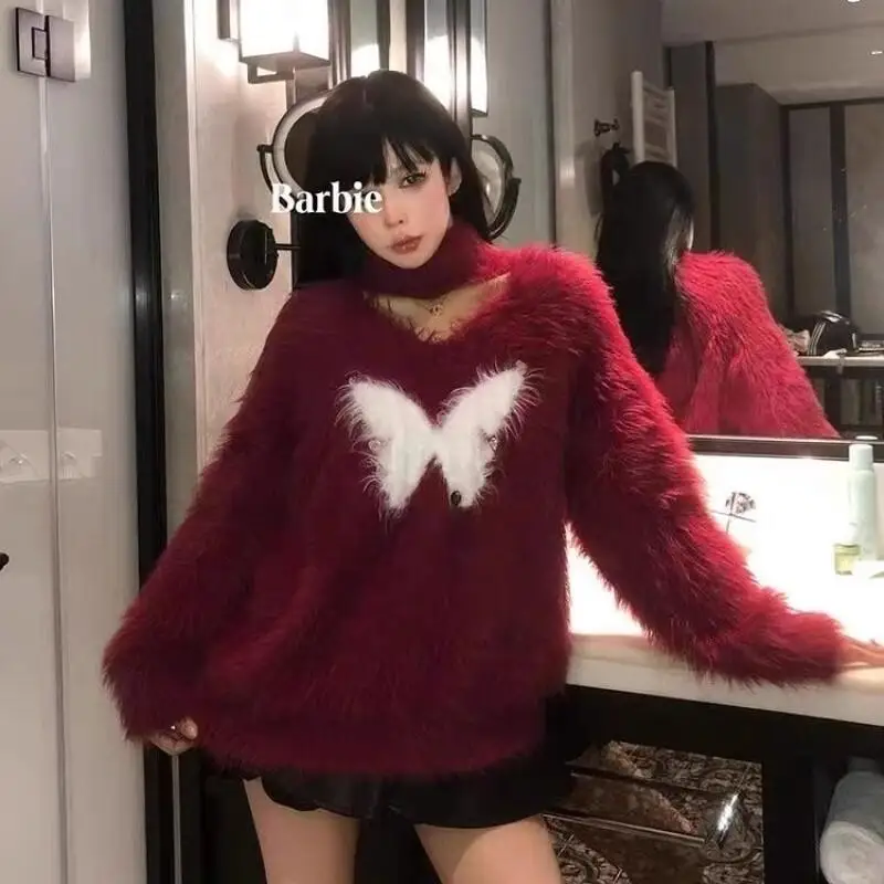 스웨터 니트웨어 여성용 레트로 밍크 벨벳 니트 스웨터 패션 루즈핏 밍크 벨벳 스웨터 탑 캐주얼웨어 귀여운 풀오버