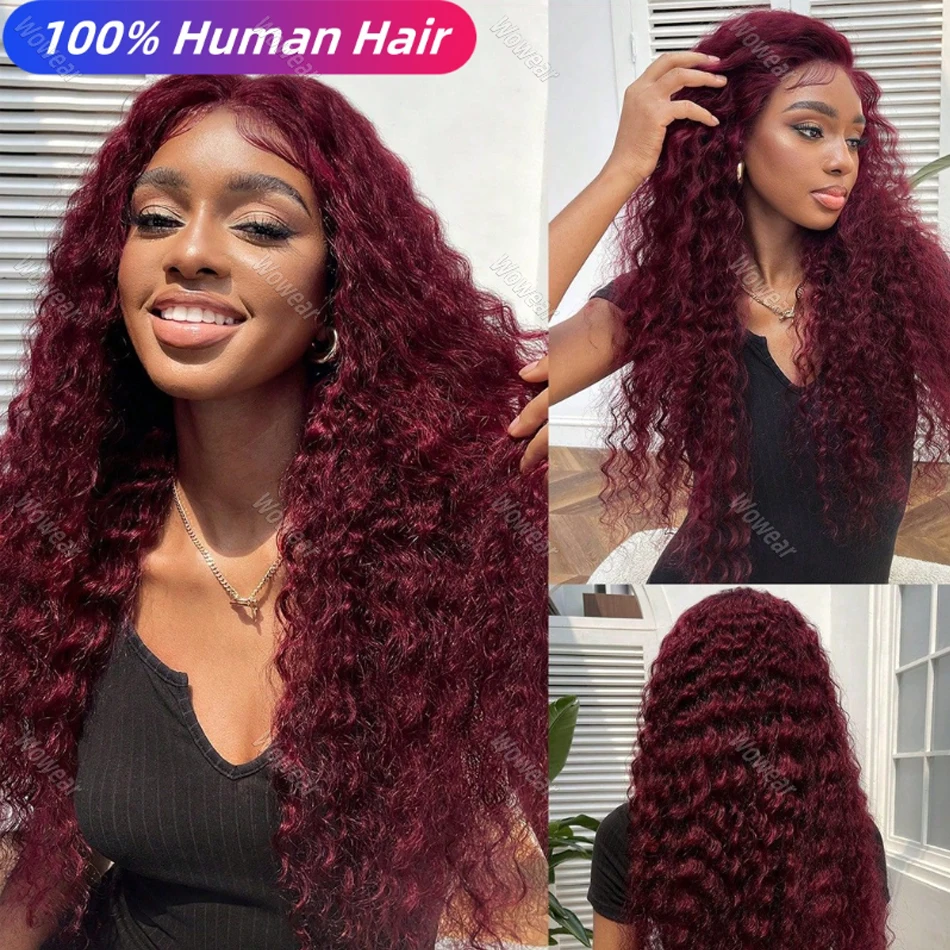 Onda Profunda Peruca Encaracolada com Transparente Lace Front, Cabelo Humano Brasileiro, Peruca Frontal, Cor Vermelha, Borgonha, 200 Densidade, 13x4 HD, 100% Natural