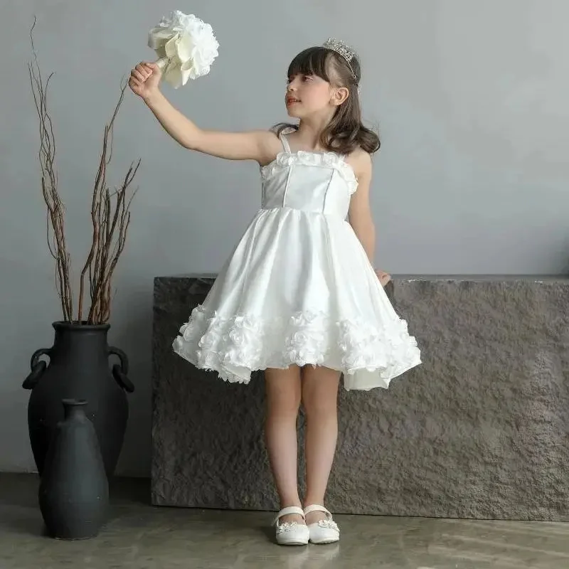 カスタマイズされたアイボリーフラワーガールドレス結婚式用サテンアップリケ背中の開いたエレガントな子供初聖体拝領フォーマルイベント夜会服