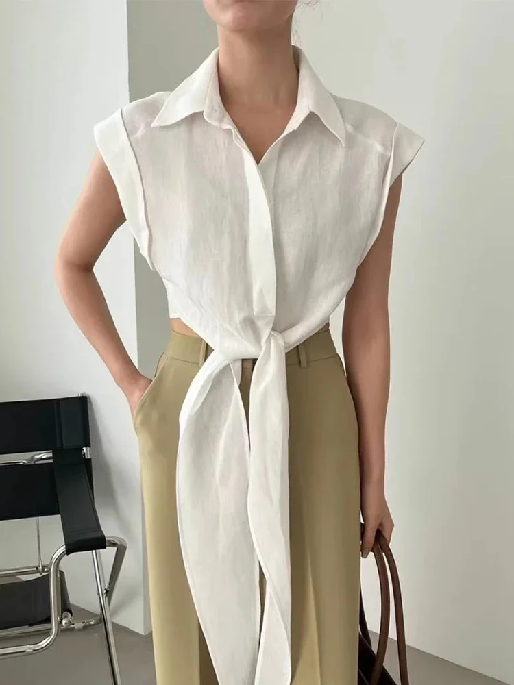 Gagarich Fashion Korean Chic Summer French Style Lapel Single Breast Strap Design Waist Up Versatile Sleeveless Vest Shirt Women