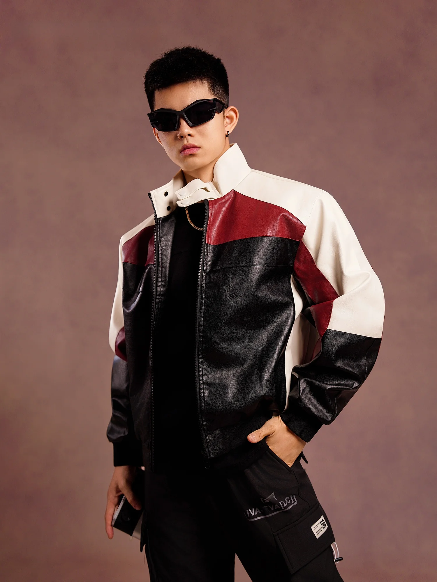 

Waed Leather Jaet Men's Loose Pilot Sle Motorcycle Coat Autumn Winter Stand Collar Faion Urban Outdoor Waterproof