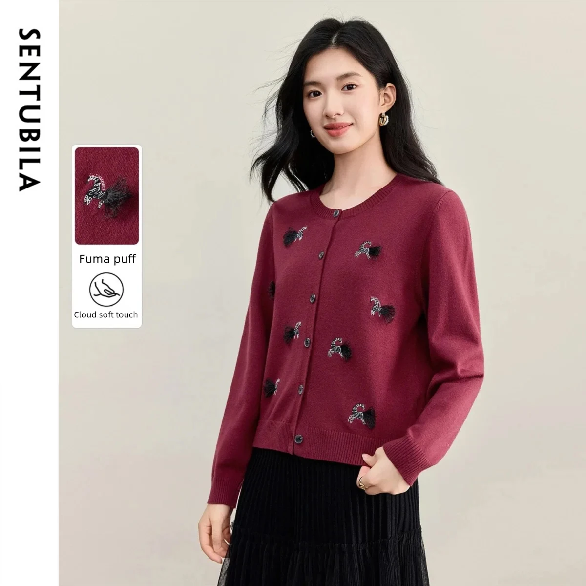 

SENTUBILA Women's Lucky Pony Commuter Cardigan 2025 Autumn New Soft O-Neck Single-Breasted Casual Knit Sweater Coat W53EB3516