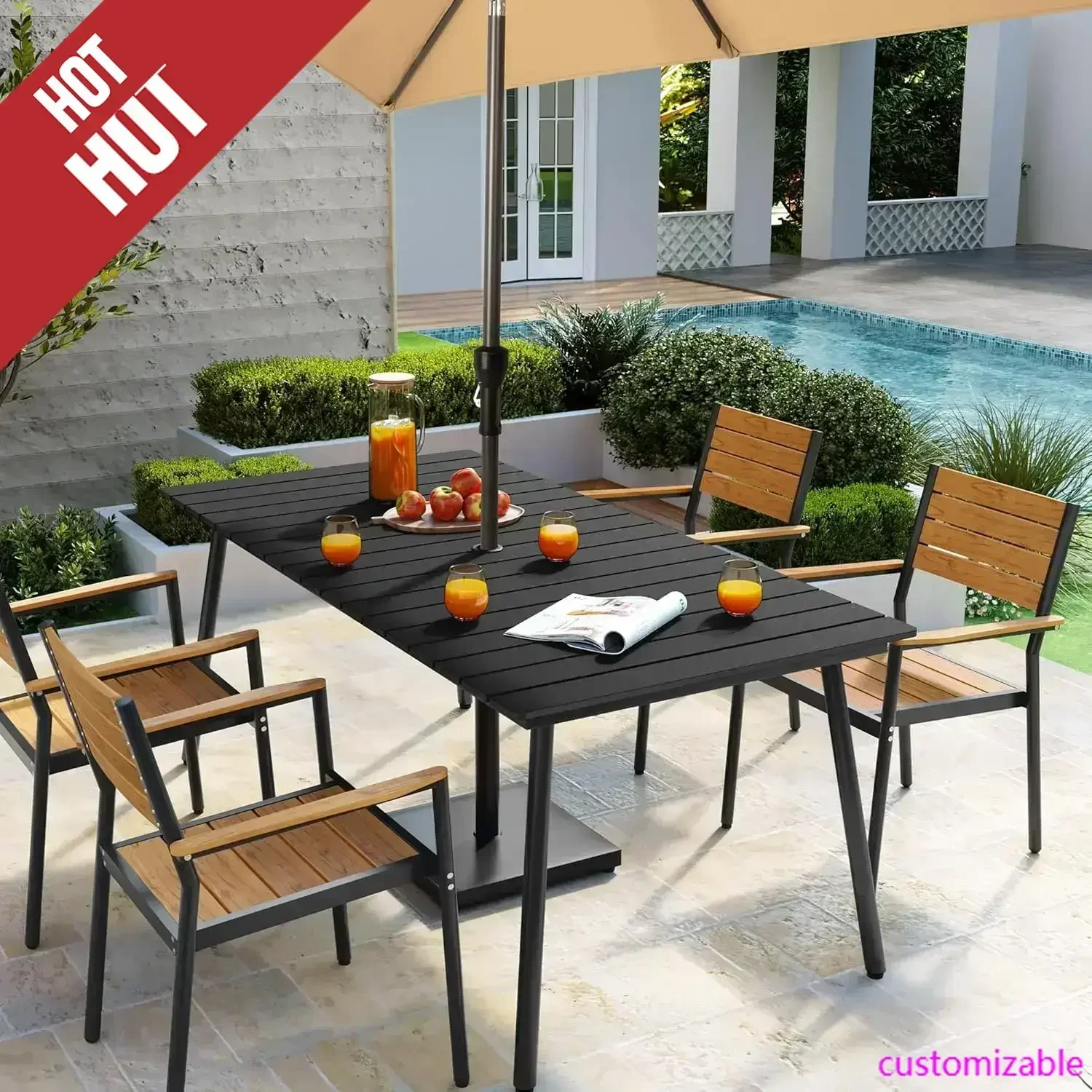 

Outdoor Dining Table, 70inch Patio Dining Table with Wooden-Like Top and Aluminum Frame, Rectangular Table, Black