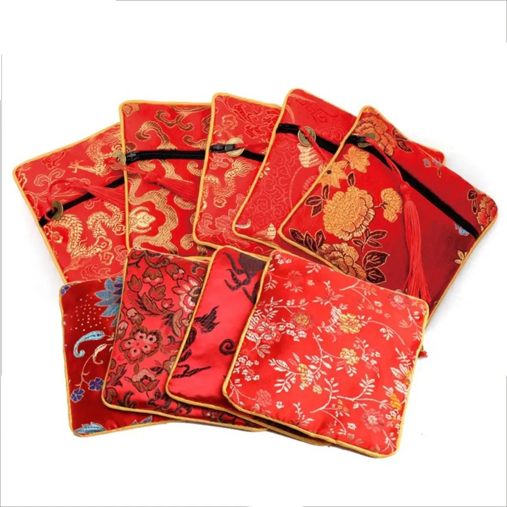 Tassel Mini Embroidery Canvas Coin Purse Dragon Copper Cash Pendant Flower Jewelry Packing Bag Card Holder Square