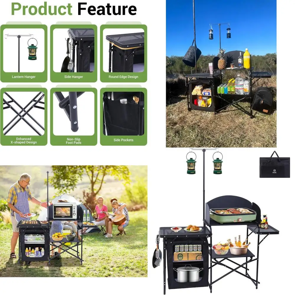 

Portable Camping Kitchen Station with Folding Table, Organizers, Enhanced Lighting Stand, Wind Shield, and Carry Bag for Outdoor