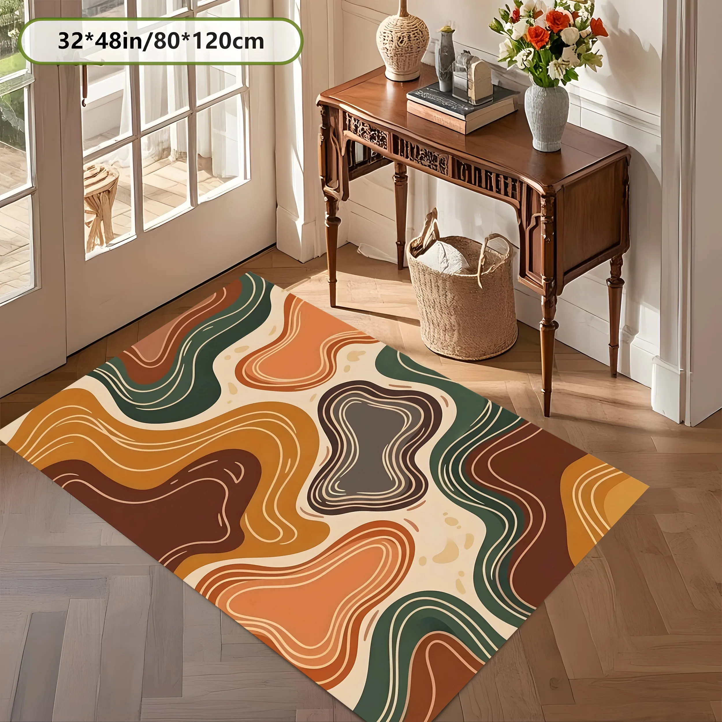 2D Large Carpet Earth Tone Abstract Contour Line Retro Vintage for Living Room Bedroom