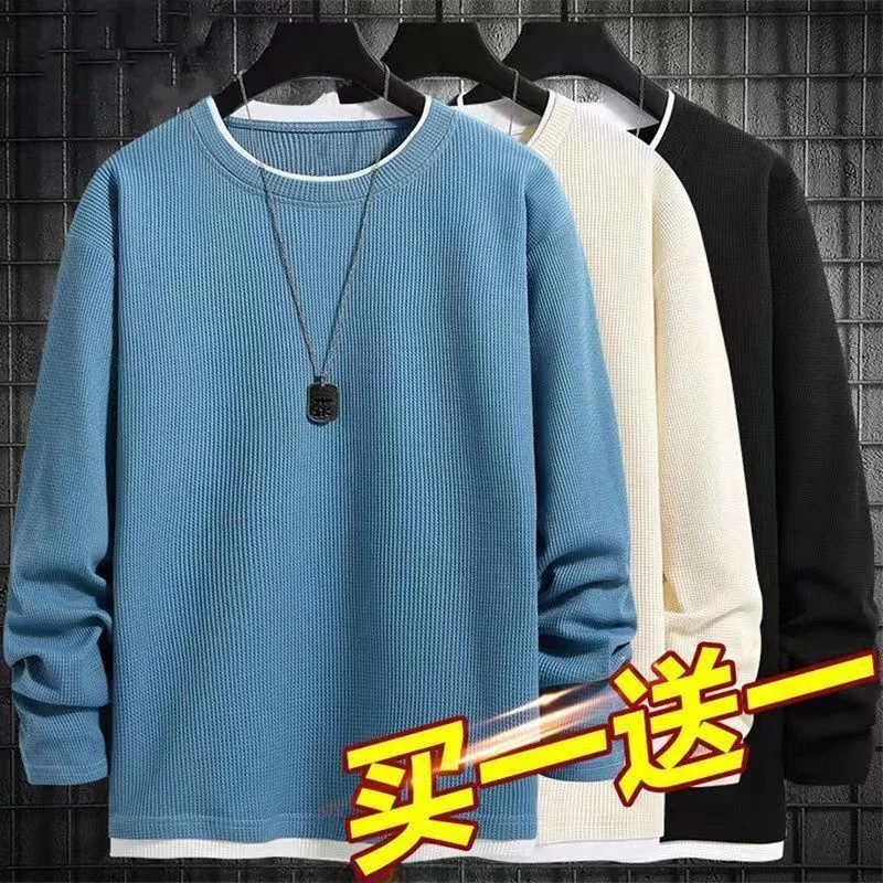 Loose Fit Long Sleeve round Neck Men's T-shirt American Style Base Layer Shirt Versatile Autumn Spring Season Overhead Top