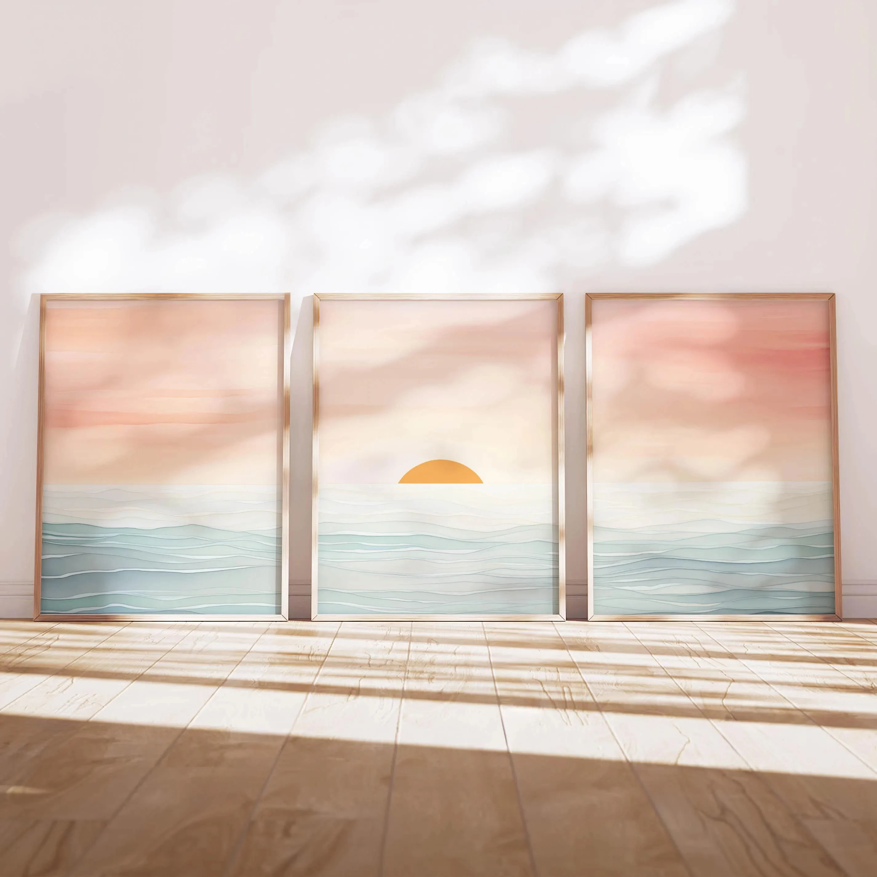 3pcs (No frame),Minimalist Boho Sunset Ocean Canvas Wall Art – Soft Watercolor Coastal Printing for Calm Home Decor, Ideal Ho
