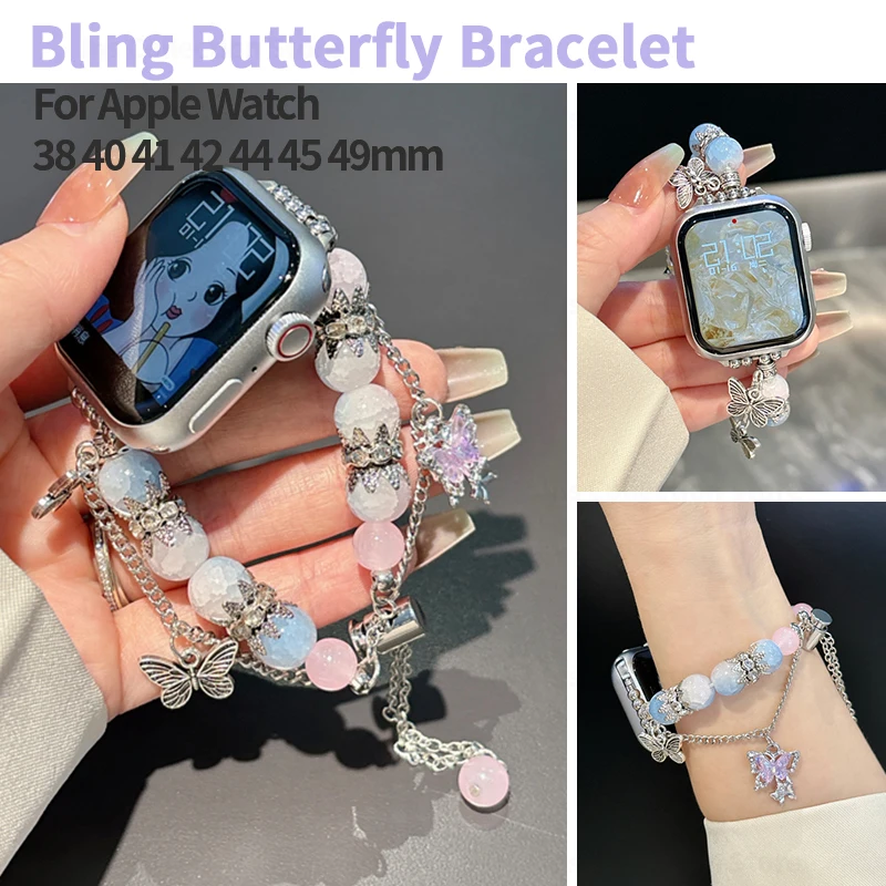 Luxury Agate Strap for Apple Watch Band 40mm 45mm 41mm 44mm Metal Link Bracelet for Iwatch Series 7 8 9 Se 5 6 Butterfly Pendant