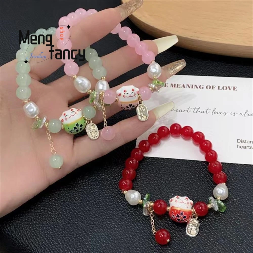 

Natural Agate Chalcedony Ceramic Wealth Fortune Cat 8mm Bracelet Elegant Exquisite Sexy Young Girls Holiday Gift Fashion Jewelry