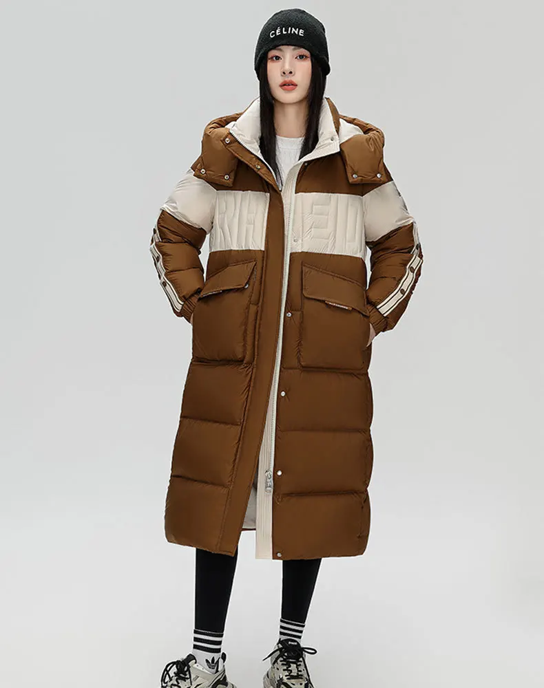 Winter Long Patchwork Hooded Down Jacket Female Big Pocket Warm Parker Outwears Women White Duck Down Knee Length Down Jackets