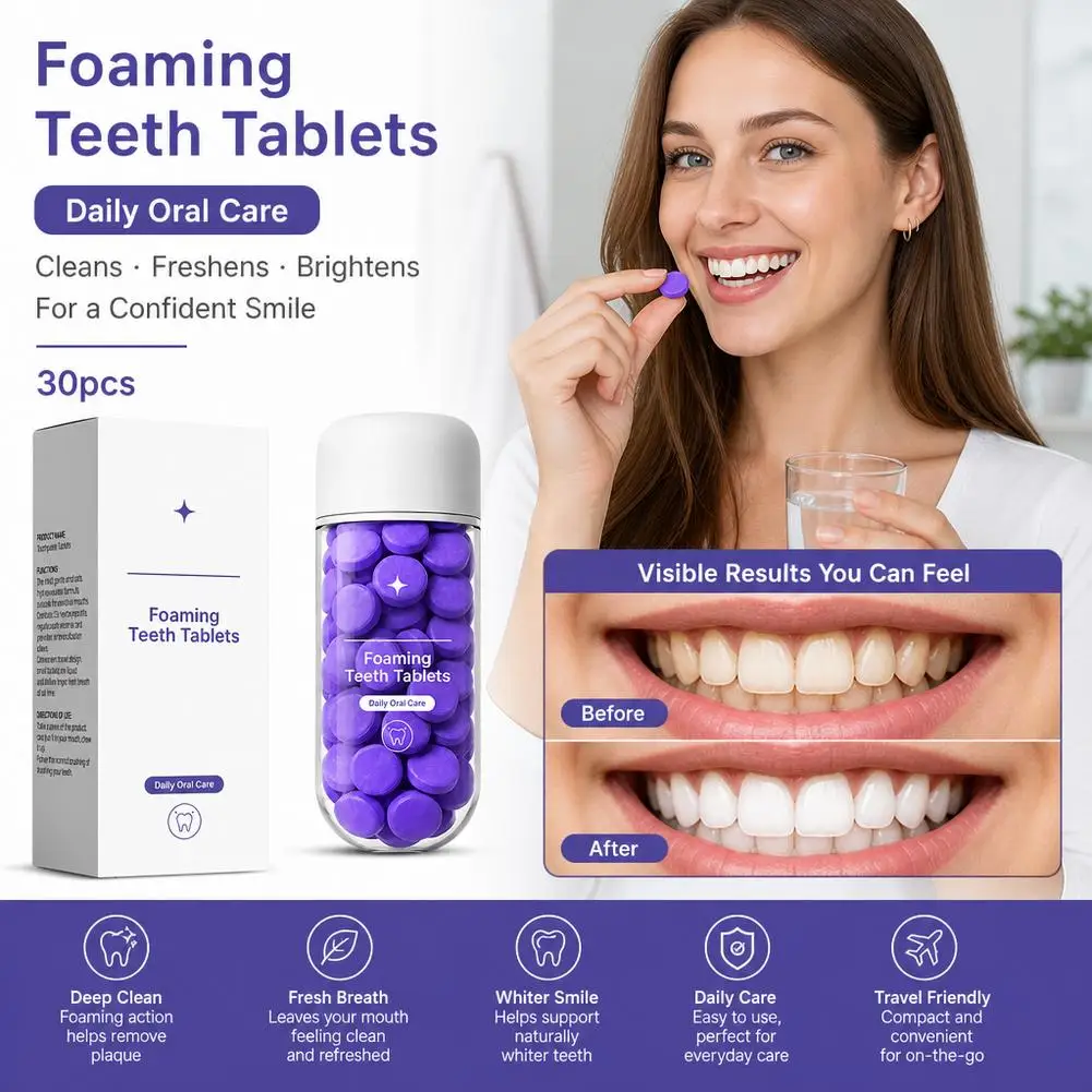 30Pcs Chewable Toothpaste Tablets Portable Travel‑Essence Deep‑Stain‑Removal Solid Oral‑Care Tablets For Long‑Lasting