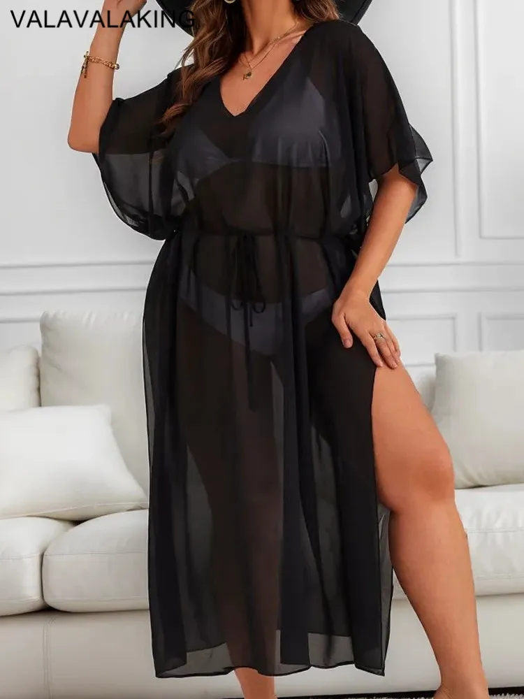 2024 Black Women Mesh Plus Size Cove Up manica corta tunica da spiaggia grande Lady Chubby abiti lunghi costume da bagno brasiliano covers-ups