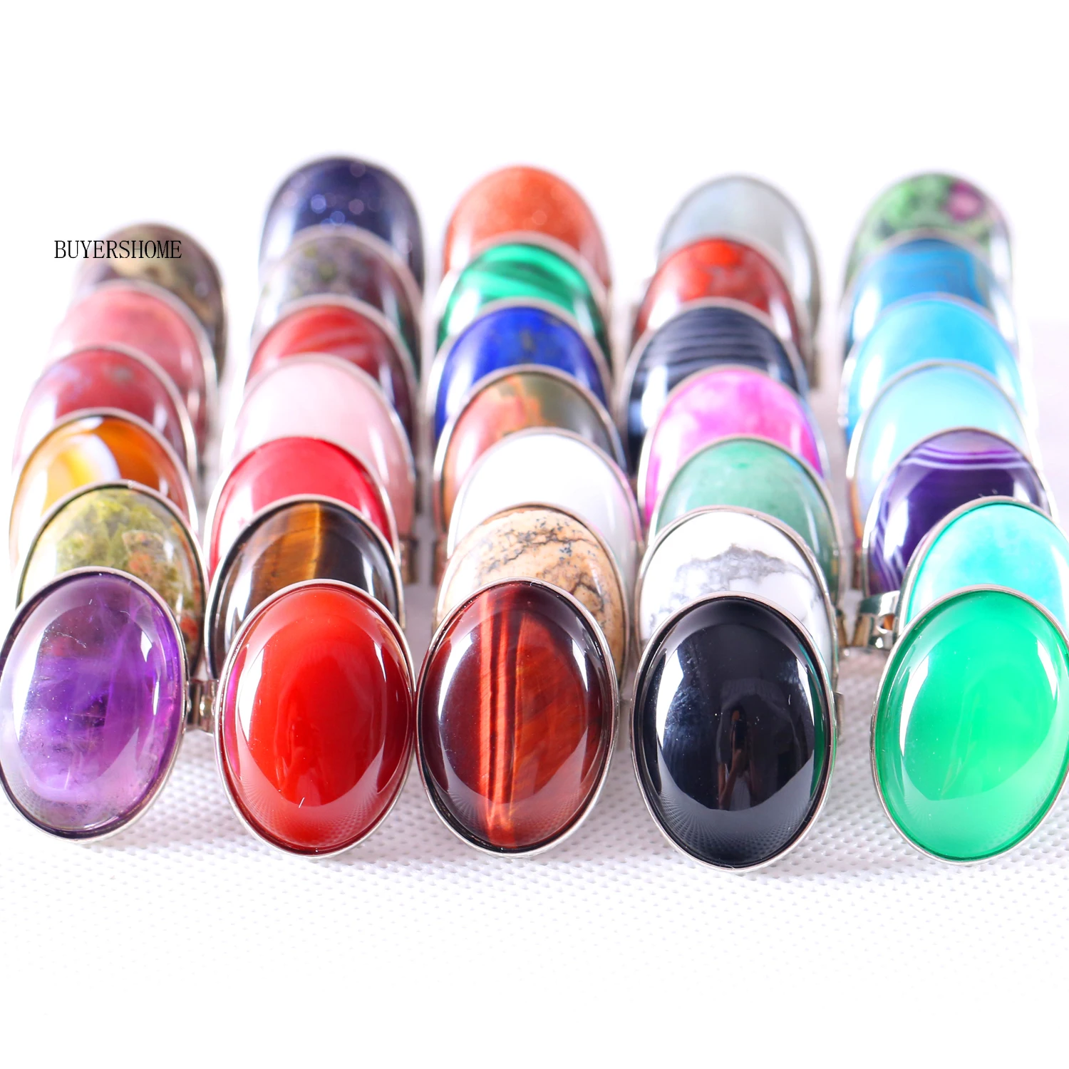 Różowy kryształowy pierścionek na palec Kamień naturalny Owalny CAB Cabochon Bead Biały Opal Rodonit Malachit Onyks Regulowany pierścionek dla kobiet Mężczyzna