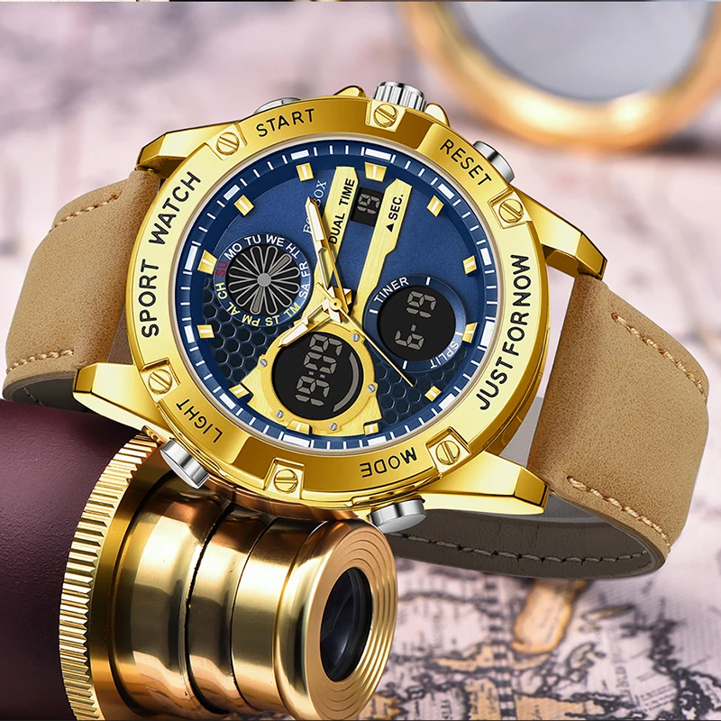 

Мужские наручные часы FOXBOX: модные, спортивные, кожаные, водонепроницаемые, с двойным цифровым дисплеем, кварцевый хронограф, отображение недель