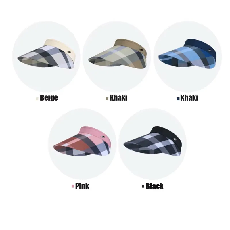 Women Plaid Hollow Top Sun Visor Hat, Wide Anti-UV Brim Lightweight Adjustable Strap Breathable Beach Outdoor Cap