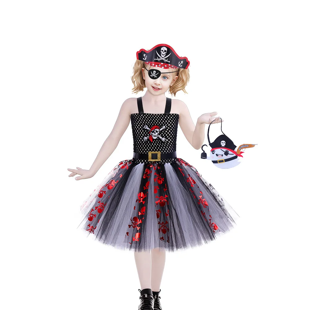 New Pirate Tutu Dress Children's Halloween Skull Mesh Princess Dress Girl Party Fancy Dress Hat + Eye patch + Candy Bag Full Set