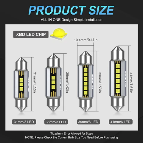2 шт. MAXGTRS LED C5W C10W 39мм 41мм 42мм LED Festoon Canbus без ошибок 6500K белый свет для салона автомобиля, лампа для чтения, купольная лампа, лампа для багажника 12В — пример использования