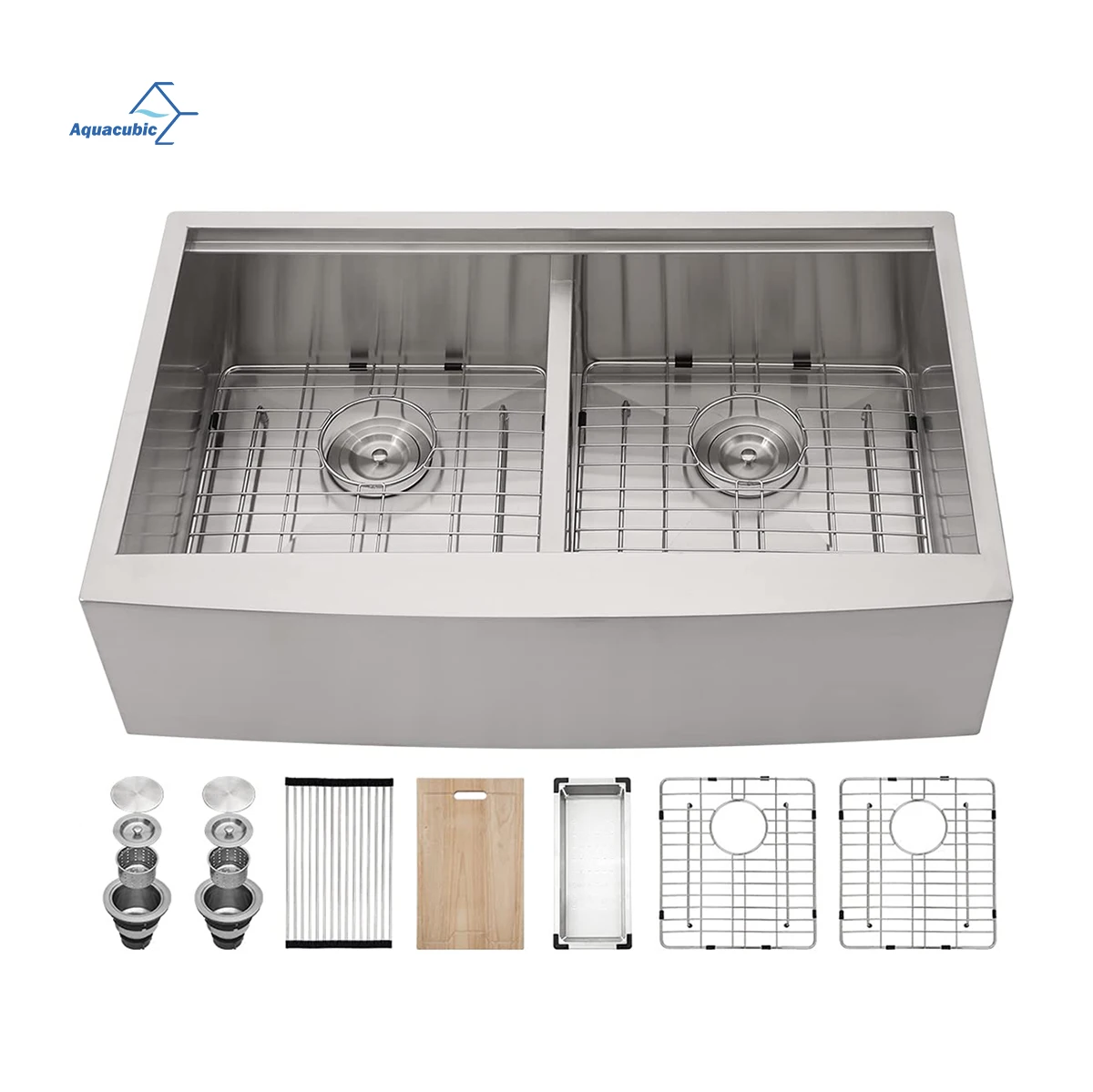 

New Custom Thickened Farmhouse Handmade Double Kitchen 304 Stainless Steel Sink with Workstation From Thailand