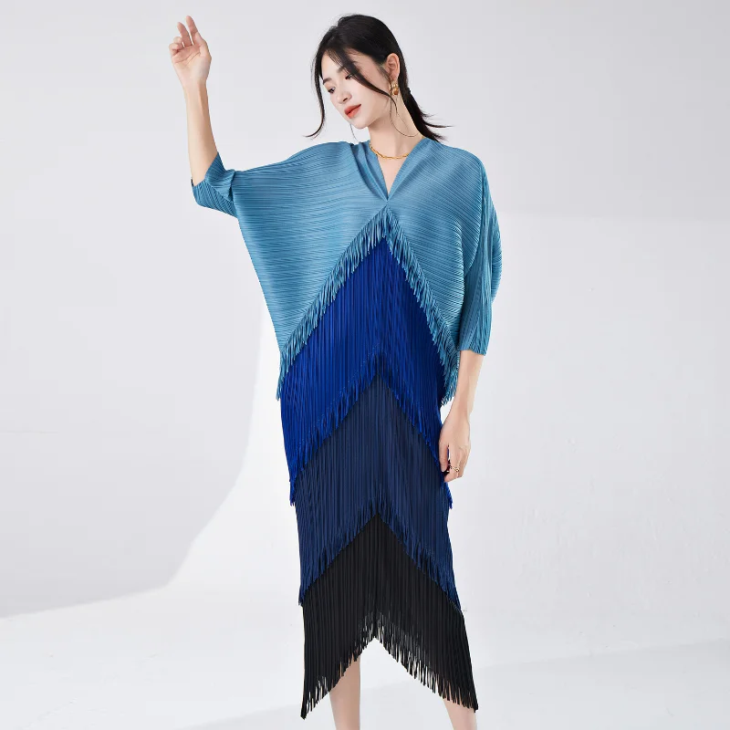 

Miyake Folded Fringe Splicing Dress for Women's Spring/Summer Design with Contrast Color Irregular Loose Size Maix Dress