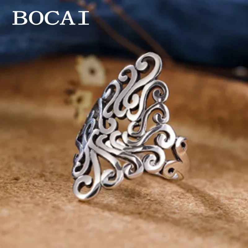

BOCAI S925 Silver Jewelry Handmade New Thai Silver Open Hollow Ring for Women Birthday Gift