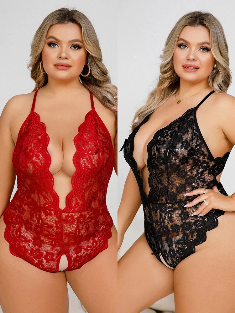 Plus Size Sexy Lingerie Women\'s Erotic Open Crotch Underwear Pajamas Lace Transparent Dress Sex Clothes Slutty Hot Babydoll