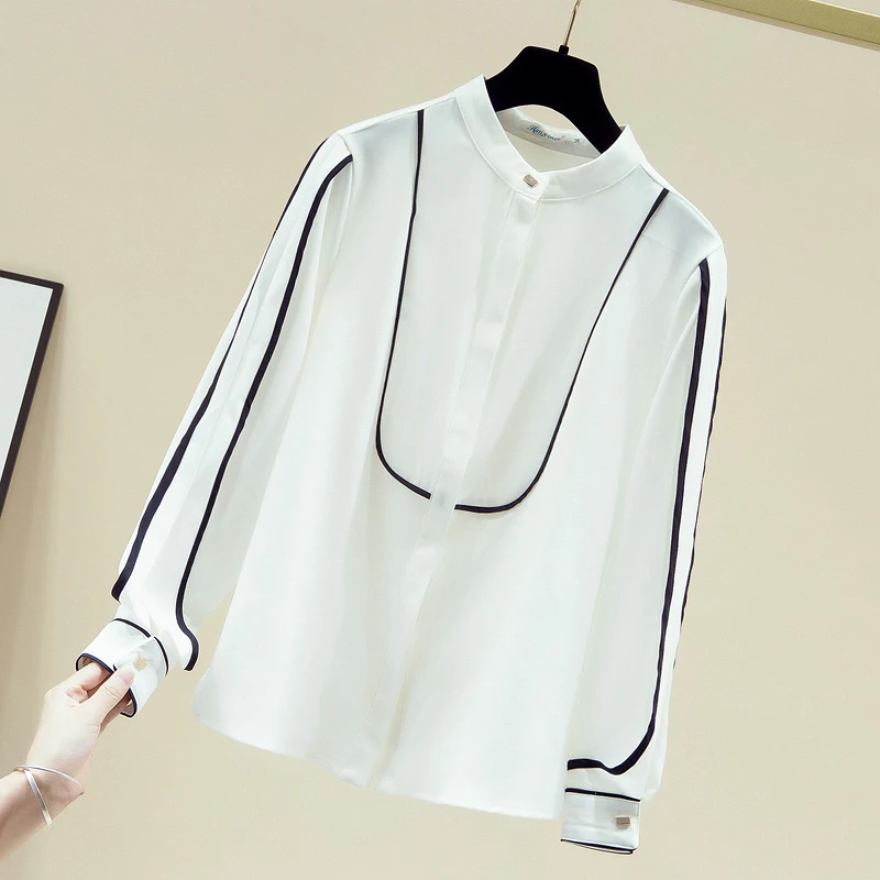 بلوزة قميص نسائية جديدة بأكمام طويلة وياقة واقفة قميص شيفون أبيض بلوزة نسائية بلوزات قمصان Blusas Para Mujer 2025 Q685