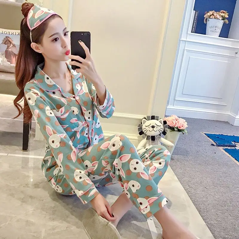 

Pajama Sets Women Long Sleeve Autumn 2XL Cardigans Printed Elegant Thin Trendy Korean Style Homewear Pockets Womens Pyjamas New