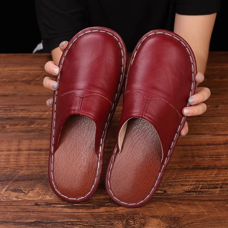 Men Spring Cow Leather Indoor Slippers Anti-Skip Comfortable Couple Home Casual Shoes Household Slippers for Women