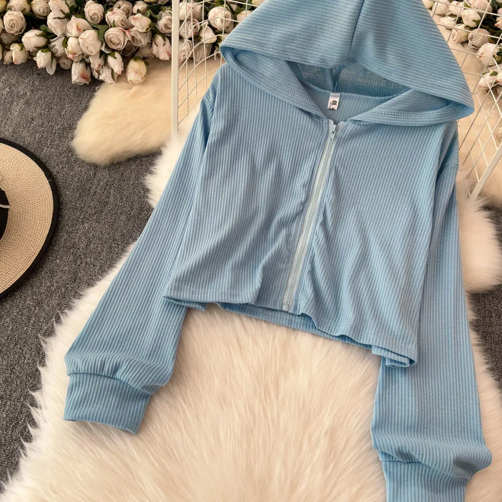 Chic Women Three-Piece Sets Knit Zipper Hooded Top and Straps Tank Top and High Waist Flare Pants Korean Slim Casual Clothing