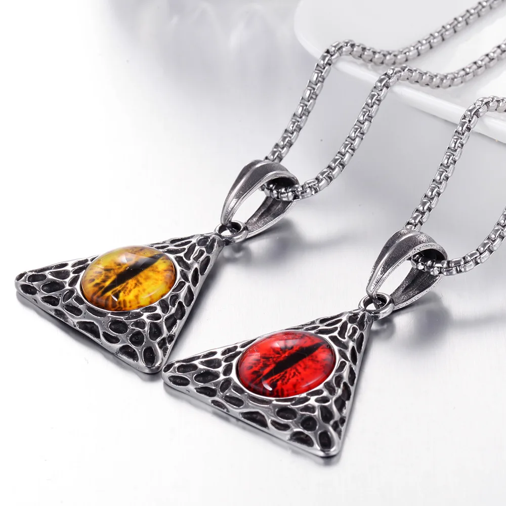 Gothic Red Devil Eye Triangle Pendant Necklace for Men Punk Biker Rock Exorcism Amulet Jewelry