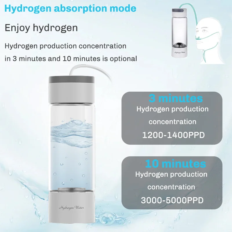 380ML Portable Hydrogen Rich Water Generator Bottle Glass Cup body SPE/PEM Dual Chamber Maker lonizer - H2 Inhalation device