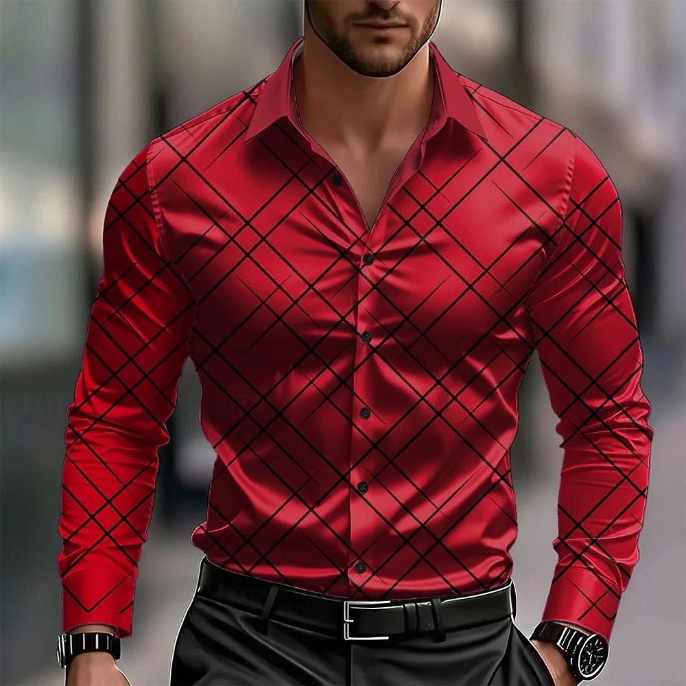 

Men's plus Size Geometric Grid Printed Shirt 11 Colors Business Casual Long Sleeve Lapel Design Comfortable Soft Fabric