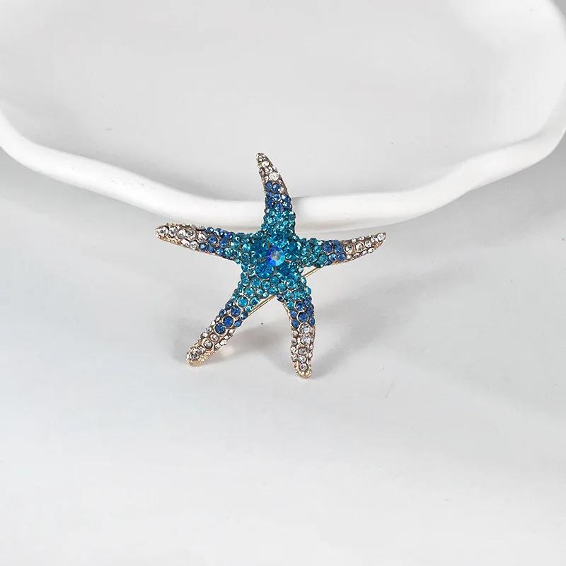 Bling Large Starfish Brooches for Women Full Rhinestone Blue Animal Sea Star Pin Bijoux Fashion Charm Clothes Jewelry Accessorie