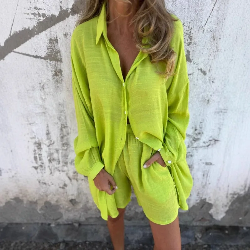

Women's Fairy Summer Two-piece Set Shorts Long-sleeved Cotton Linen Pure Color Leisure Fashion Versatile Soft New Personalized