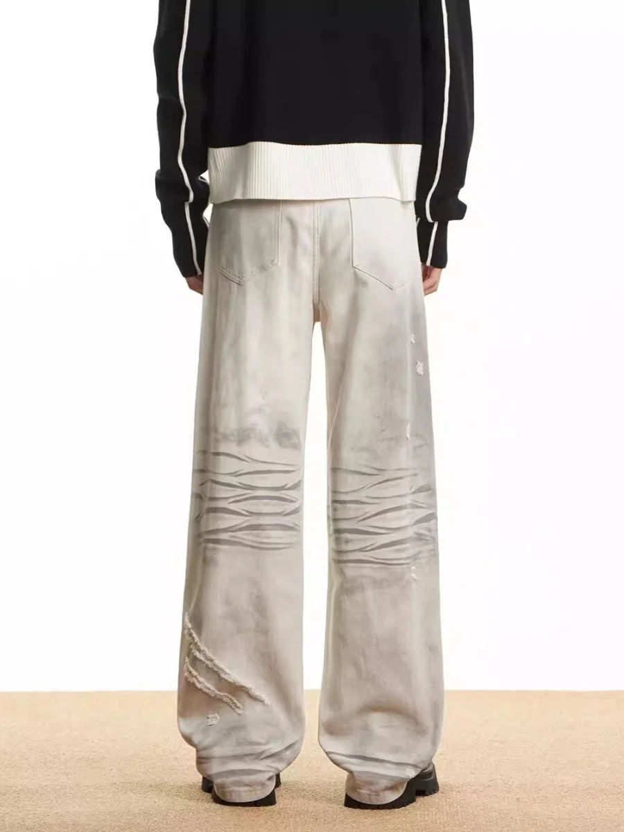 

American High Street Dir Scratched White Jeans Loose Straight Leg Trousers for Men And Women Paris Cleanfit Trendy Long Pants