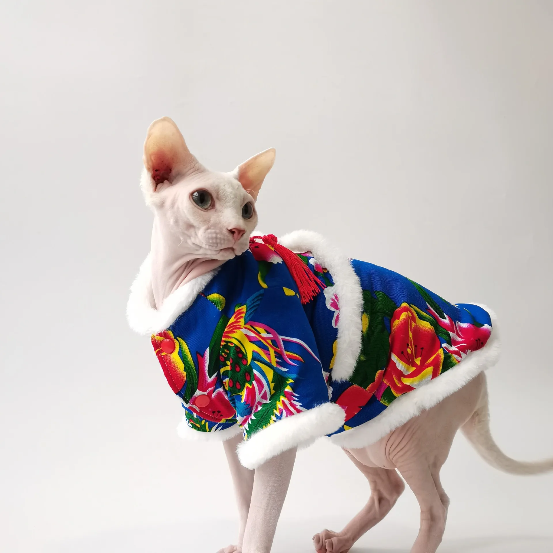 Northeast Big Flower Cotton Coat Hairless Cat Sphinx Cat German Clothes Winter Thickened New Year Clothing Joyful