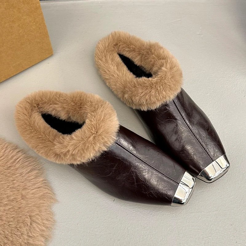 الفراء النعال النسائية ساحة تو موضة البغال Singback أحذية 2025 جديد أحذية الشتاء الدافئة عادية قصيرة أفخم دافئ فام أحذية الثلوج