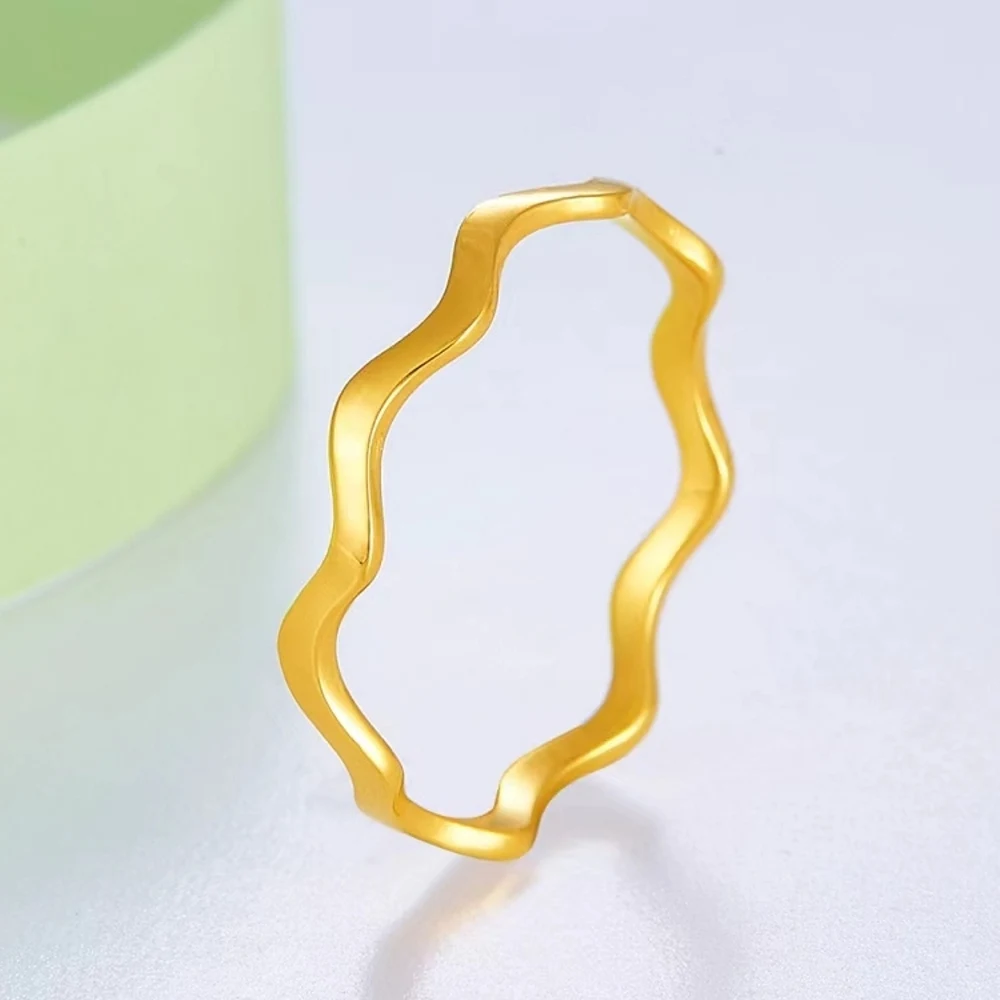 

Real Pure 999 24K Yellow Gold Band Women Lucky 1.3mm Glossy Wavy Ring 1.25g/US Size 6