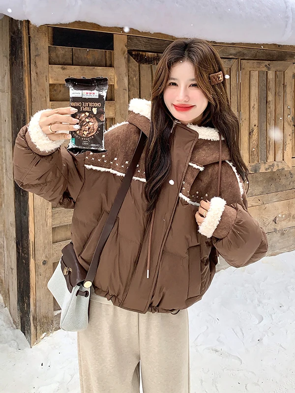 หมวกกันหนาวผู้หญิง รุ่น Thiened สีขาว บุขนเป็ด พร้อมเสื้อโค้ทหนัง ขนเฟอร์  แบบลำลอง ให้ความอบอุ่น