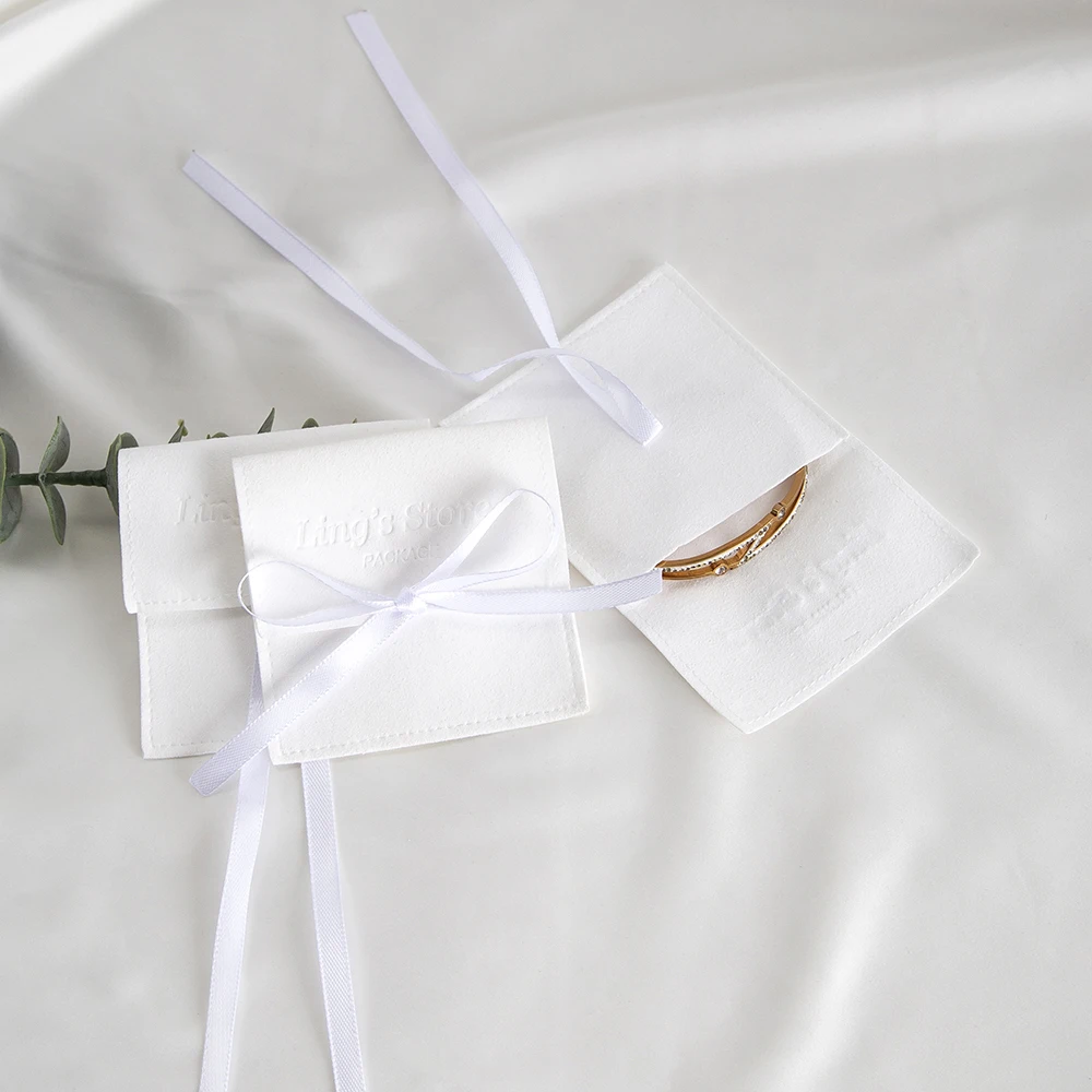 100Pcs White Personalized Logo Jewelry Microfiber Half Cover Ribbon Bag Wedding Favors Gift Packaging Flannel Suede Velvet Pouch