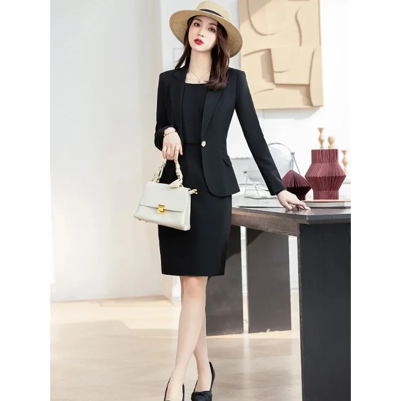 Spring Autumn Blue Beige Black Pink Ladies Skirt Suit Blazer Women Business Interview Work Wear Solid Formal Two Piece Set