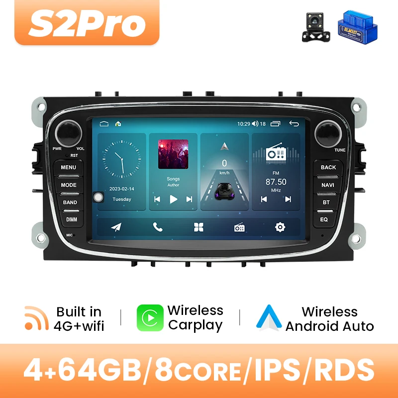 Draadloze Carplay Autoradio Voor Ford Focus 2 3 mk2 Mondeo 4 Kuga Fiesta Transit Connect S-MAX C-MAX Galaxy Android 14 DSP 8 + 128 GB