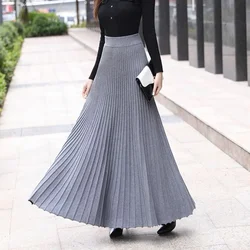 SETWIGG Women's Autumn Draped  Rib Pleated Long Knitted Skirt Elegant Winter Wool Blend A-line Long Knit Skirt Elastic Waist