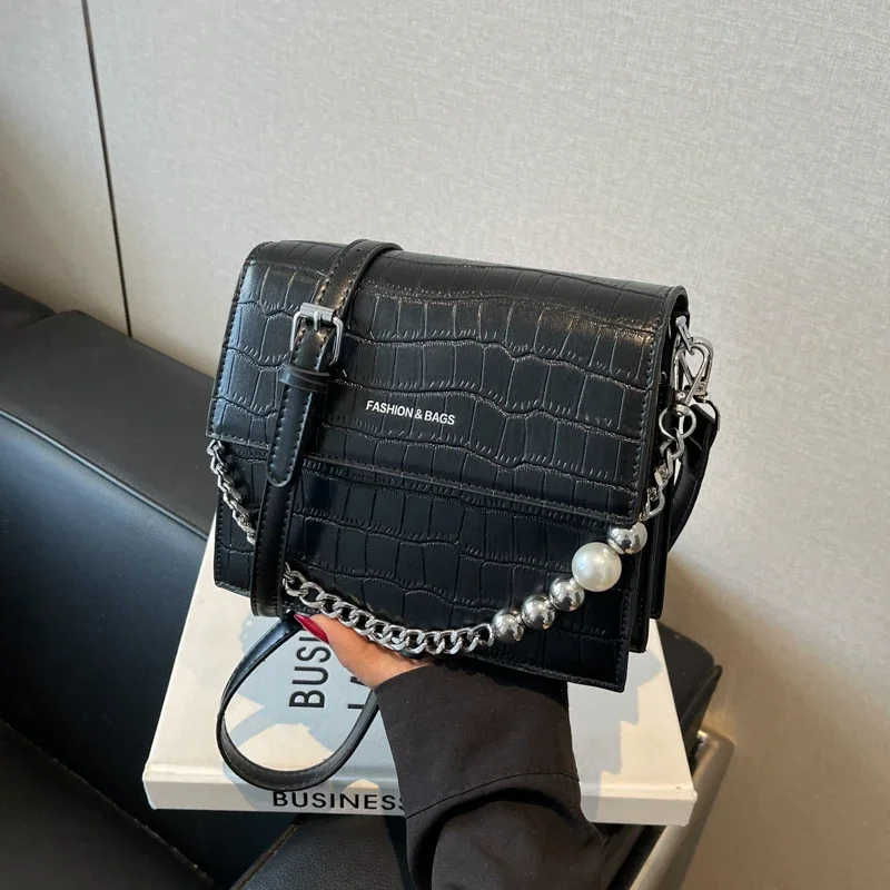 

Crocodile Pattern Crossbody Bag For Women Fashion Chain Handbag Flap Bag Solid PU Leather Messenger Bag Lady Silver Clutch Bag